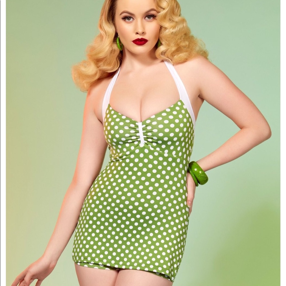 Bettie Swimsuit In Olive And White Polka Dots